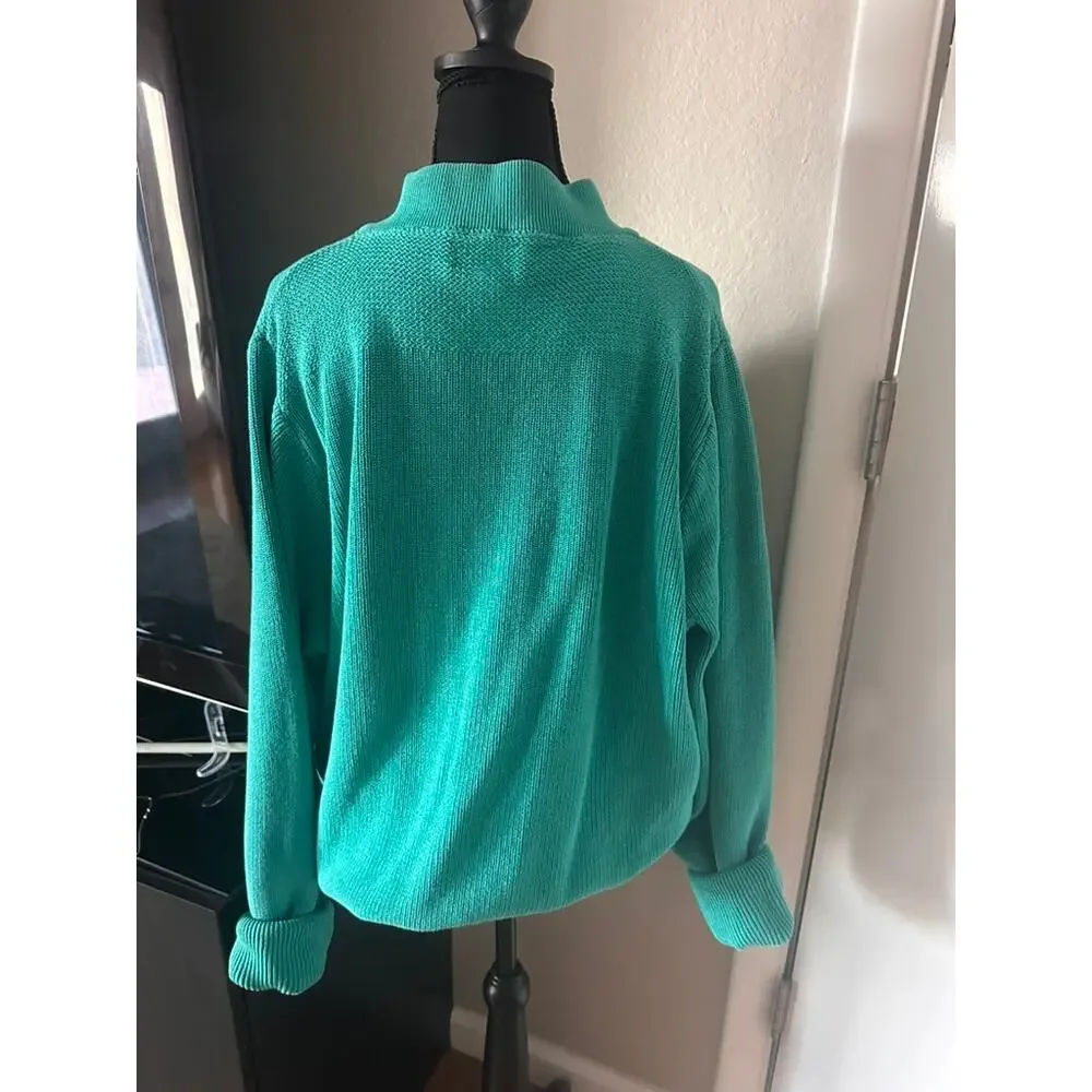 Vintage 80s Lands End Made in USA Cotton Henley Sweater Emerald Green XL Long